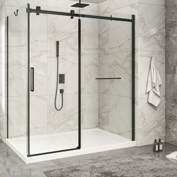 Porte de douche 72 po x Piazza 2.0 42 po en coin noir mat fermeture sur retour mur à droite porte à gauche