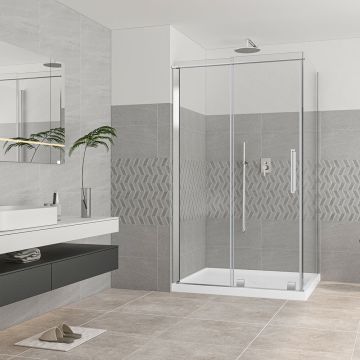 Porte de douche 48 po x Quadro 42 po en coin chrome fermeture sur retour mur à droite porte à gauche