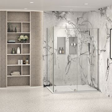 Porte de douche 60 po x Slim 32 po en coin chrome fermeture sur retour mur à droite porte à gauche