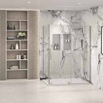 Porte de douche 60 po x Slim 36 po en coin chrome fermeture sur retour mur à droite porte à gauche