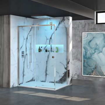 Porte de douche Tron en coin fermeture sur retour mur à gauche porte à droite en inox brossé