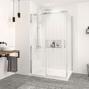 Porte de douche 48 po x Vague 32 po en coin chrome fermeture sur retour mur à gauche porte à droite