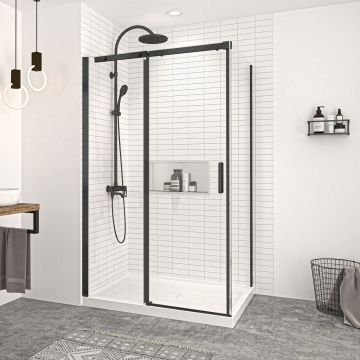 Porte de douche 48 po x Vague 32 po en coin noir mat fermeture sur retour mur à gauche porte à droite