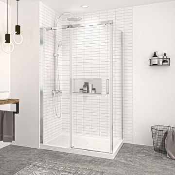 Porte de douche 48 po x Vague 36 po en coin chrome fermeture sur retour mur à gauche porte à droite