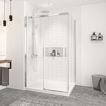Porte de douche 48 po x Vague 42 po en coin chrome fermeture sur retour mur à gauche porte à droite