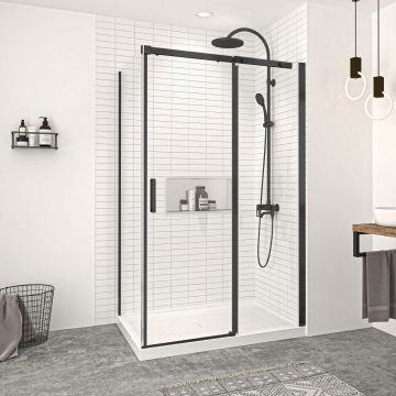 Porte de douche 48 po x Vague 36 po en coin noir mat fermeture sur retour mur à droite porte à gauche