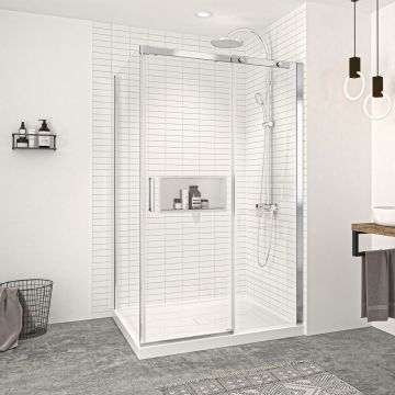 Porte de douche 48 po x Vague 42 po en coin chrome fermeture sur retour mur à droite porte à gauche