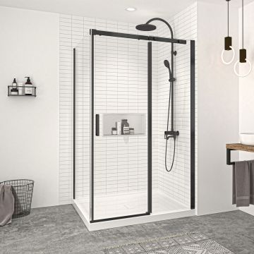 Porte de douche 48 po x Vague 42 po en coin noir mat fermeture sur retour mur à droite porte à gauche