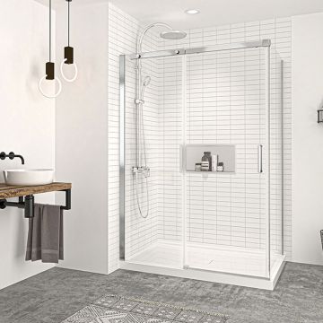 Porte de douche 54 po x Vague 32 po en coin chrome fermeture sur retour mur à gauche porte à droite