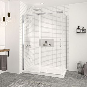 Porte de douche 54 po x Vague 36 po en coin chrome fermeture sur retour mur à gauche porte à droite