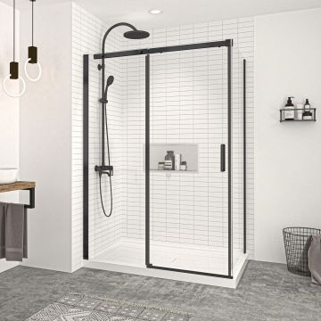 Porte de douche 54 po x Vague 36 po en coin noir mat fermeture sur retour mur à gauche porte à droite
