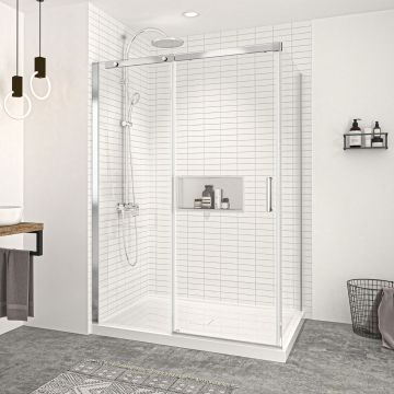 Porte de douche 54 po x Vague 42 po en coin chrome fermeture sur retour mur à gauche porte à droite