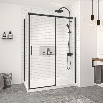 Porte de douche 54 po x Vague 32 po en coin noir mat fermeture sur retour mur à droite porte à gauche