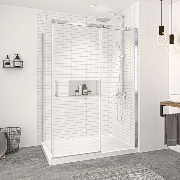 Porte de douche 54 po x Vague 42 po en coin chrome fermeture sur retour mur à droite porte à gauche