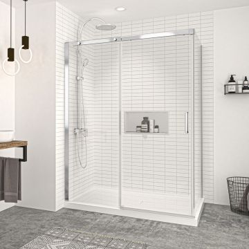 Porte de douche 60 po x Vague 36 po en coin chrome fermeture sur retour mur à gauche porte à droite