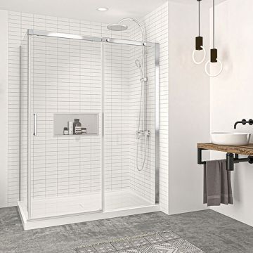 Porte de douche 60 po x Vague 32 po en coin chrome fermeture sur retour mur à droite porte à gauche