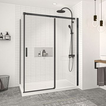 Porte de douche 60 po x Vague 32 po en coin noir mat fermeture sur retour mur à droite porte à gauche