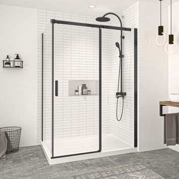 Porte de douche 60 po x Vague 42 po en coin noir mat fermeture sur retour mur à droite porte à gauche