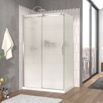 Porte de douche 48 po x Vaia 36 po en coin chrome fermeture sur retour mur à gauche porte à droite en chrome et verre flûte