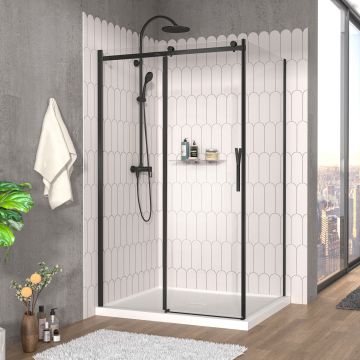 Porte de douche 48 po x Vaia 42 po en coin noir mat fermeture sur retour mur à gauche porte à droite