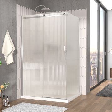 Porte de douche 48 po x Vaia 42 po en coin chrome fermeture sur retour mur à gauche porte à droite en chrome et verre flûte
