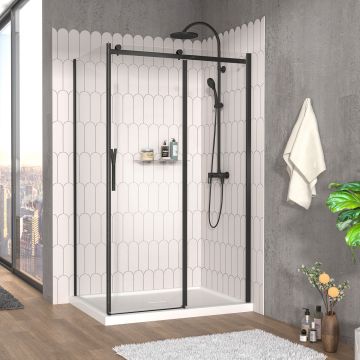 Porte de douche 48 po x Vaia 32 po en coin noir mat fermeture sur retour mur à droite porte à gauche