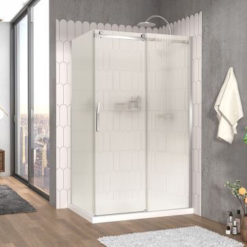 Porte de douche 48 po x Vaia 32 po en coin chrome fermeture sur retour mur à droite porte à gauche en chrome et verre flûte