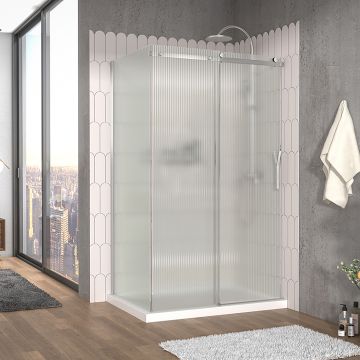 Porte de douche 48 po x Vaia 32 po en coin chrome fermeture sur mur mur à droite porte à droite en chrome et verre flûte
