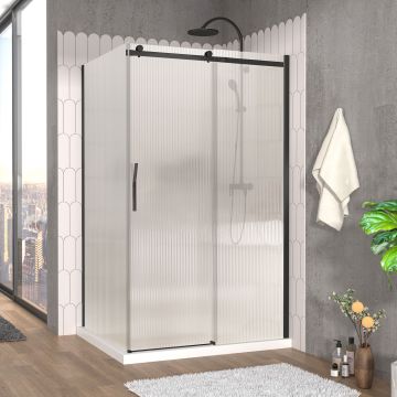 Porte de douche 48 po x Vaia 42 po en coin noir mat fermeture sur retour mur à droite porte à gauche en noir mat et verre flûte