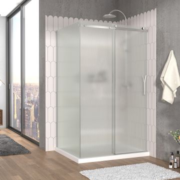 Porte de douche 48 po x Vaia 42 po en coin chrome fermeture sur mur mur à droite porte à droite en chrome et verre flûte
