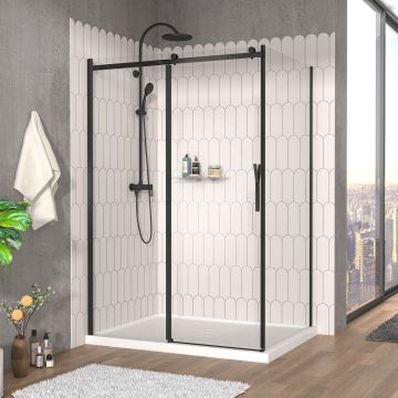 Porte de douche 54 po x Vaia 42 po en coin noir mat fermeture sur retour mur à gauche porte à droite
