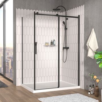 Porte de douche 54 po x Vaia 42 po en coin noir mat fermeture sur retour mur à droite porte à gauche