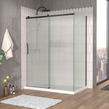 Porte de douche 60 po x Vaia 32 po en coin noir mat fermeture sur mur mur à gauche porte à gauche en noir mat et verre flûte