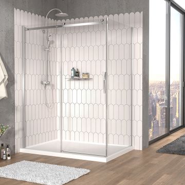 Porte de douche 60 po x Vaia 42 po en coin chrome fermeture sur retour mur à gauche porte à droite