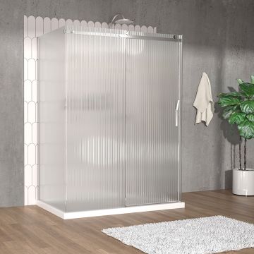 Porte de douche 60 po x Vaia 32 po chrome sur mur porte à droite en chrome et verre flûte
