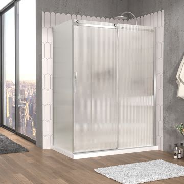 Porte de douche 60 po x Vaia 36 po en coin chrome fermeture sur retour mur à droite porte à gauche en chrome et verre flûte