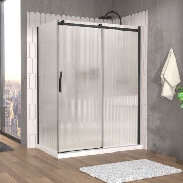 Porte de douche 60 po x Vaia 36 po en coin noir mat fermeture sur retour mur à droite porte à gauche en noir mat et verre flûte