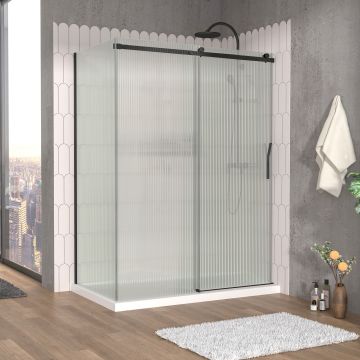 Porte de douche 60 po x Vaia 36 po en coin noir mat fermeture sur mur mur à droite porte à droite en noir mat et verre flûte