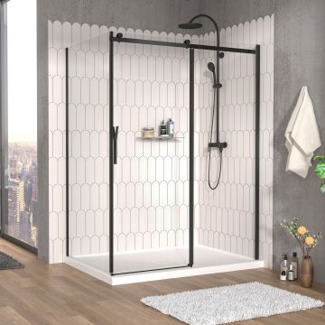 Porte de douche 60 po x Vaia 42 po en coin noir mat fermeture sur retour mur à droite porte à gauche