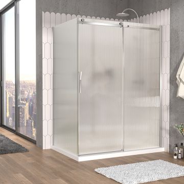Porte de douche 60 po x Vaia 42 po en coin chrome fermeture sur retour mur à droite porte à gauche en chrome et verre flûte