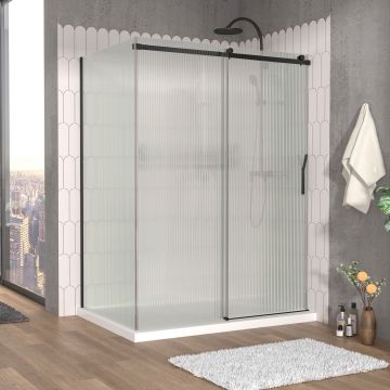 Porte de douche 60 po x Vaia 42 po en coin noir mat fermeture sur mur mur à droite porte à droite en noir mat et verre flûte