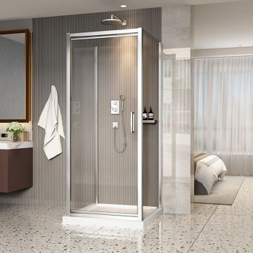 Porte de douche 32 po x Xenia 32 po chrome sur mur carré