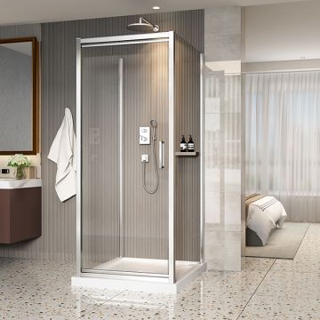 Porte de douche 32 po x Xenia 42 po chrome sur mur carré