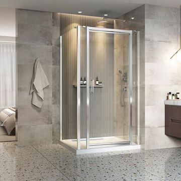 Porte de douche 48 po x Xenia 42 po en coin rectangulaire porte centrée mur à droite en Chrome