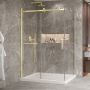 Porte de douche 54 po x Bellini 2.0 42 po en coin or brossé fermeture sur retour mur à gauche porte à droite en or brossé