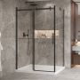 Porte de douche 54 po x Bellini 2.0 42 po en coin noir mat fermeture sur retour mur à gauche porte à droite