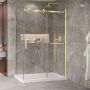 Porte de douche 54 po x Bellini 2.0 32 po en coin or brossé fermeture sur retour mur à droite porte à gauche en or brossé