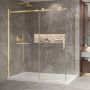 Porte de douche 72 po x Bellini 2.0 42 po en coin or brossé fermeture sur retour mur à gauche porte à droite en or brossé