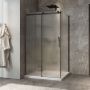 Porte de douche 48 po x Minia 32 po en coin noir mat fermeture sur retour mur à gauche porte à droite en noir mat et verre flûte