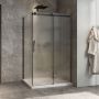 Porte de douche 48 po x Minia 32 po en coin noir mat fermeture sur retour mur à droite porte à gauche en noir mat et verre flûte